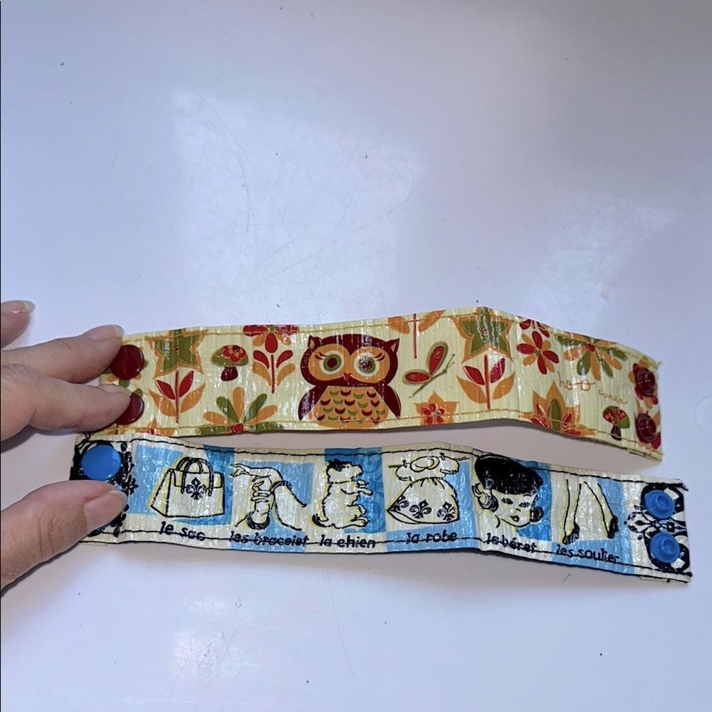 Orange Owl & Floral &‎ Light Blue French Themed Set of Two Slap Bracelets